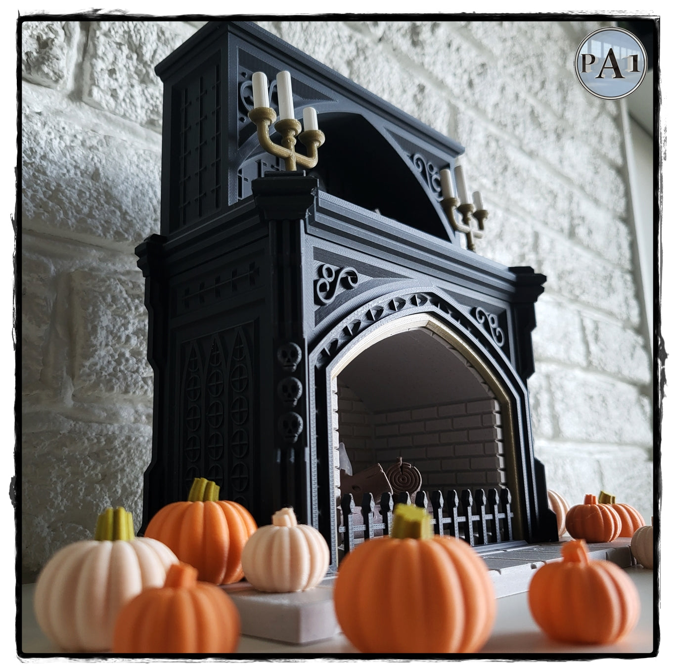 a black fireplace with a decorative archway, surrounded by a collection of small orange pumpkins.