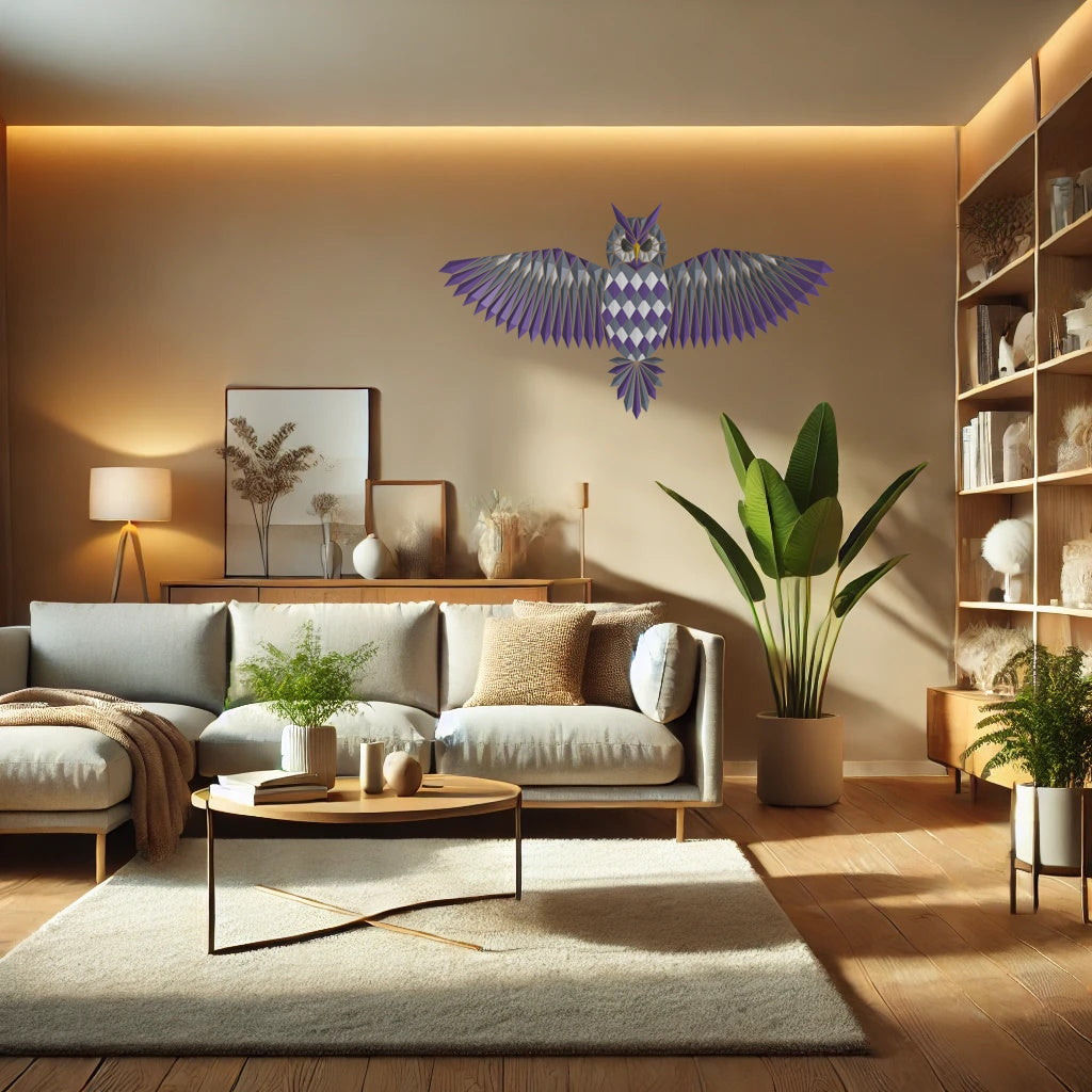 a living room filled with furniture and a large owl statue