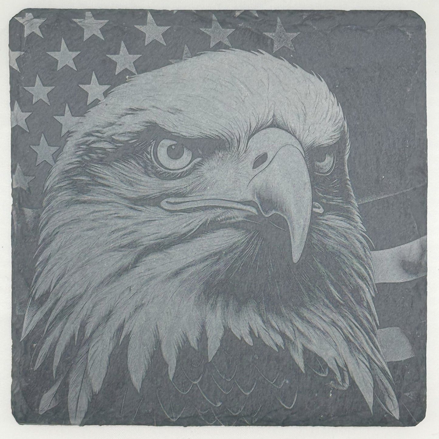 a drawing of a bald eagle with an american flag in the background