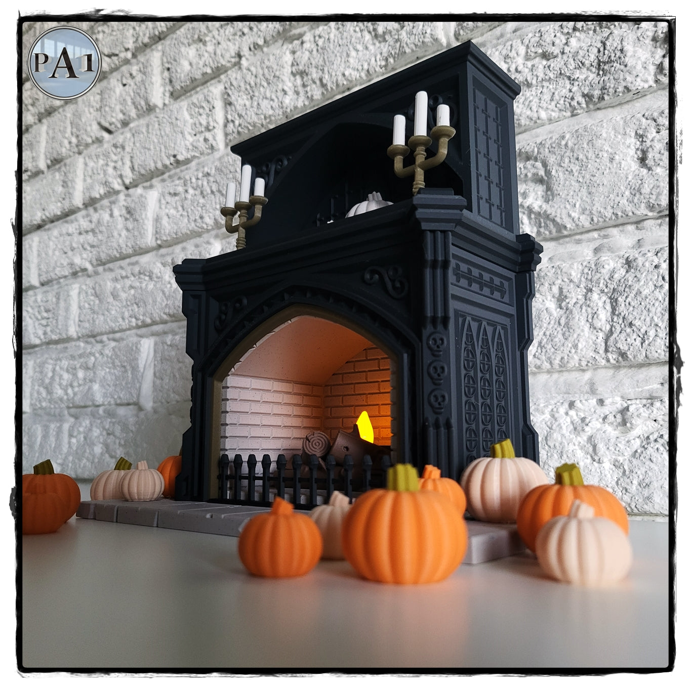 A black fireplace with a lit fire, surrounded by a collection of orange pumpkins on a white surface against a white brick wall.