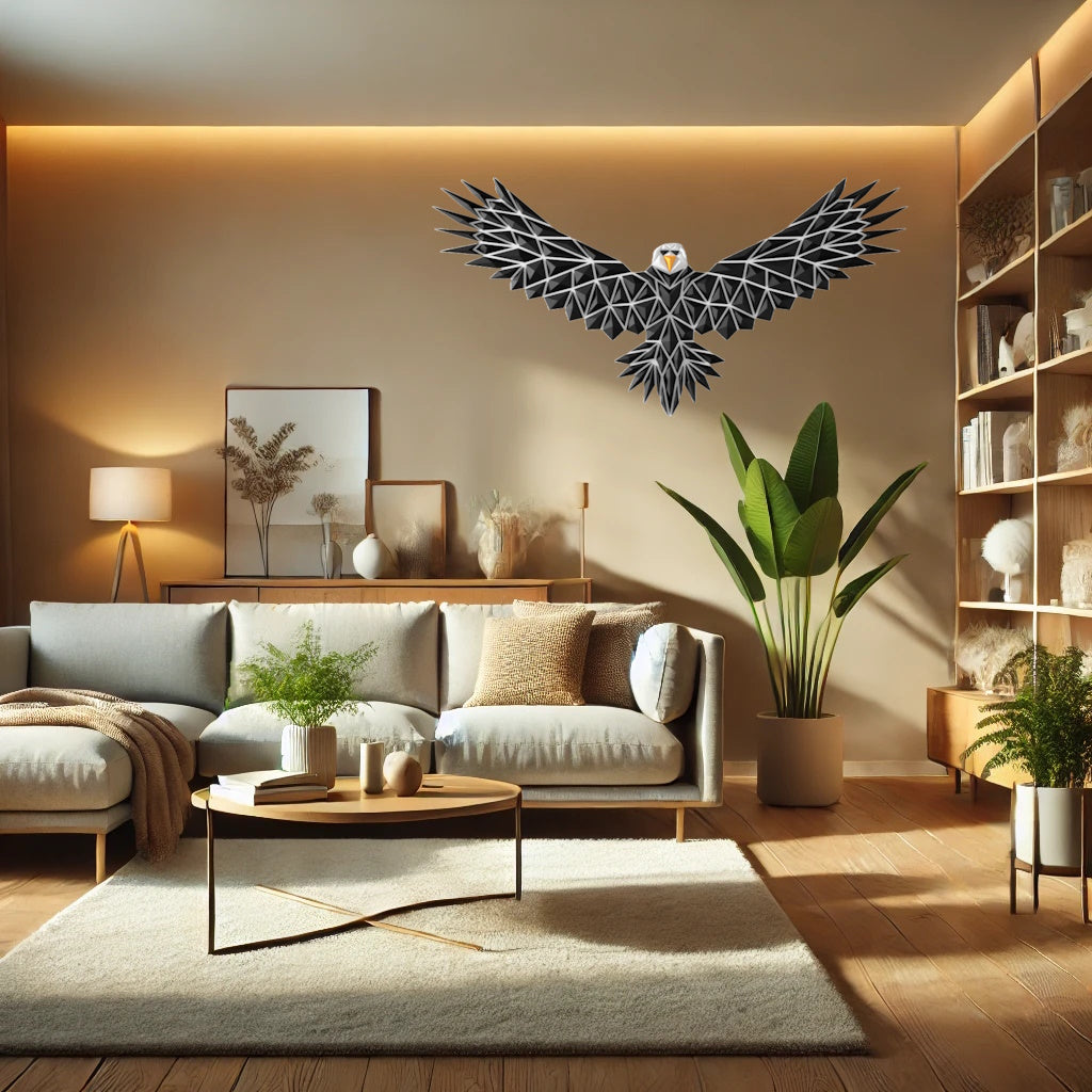 a living room filled with furniture and a large bird sculpture