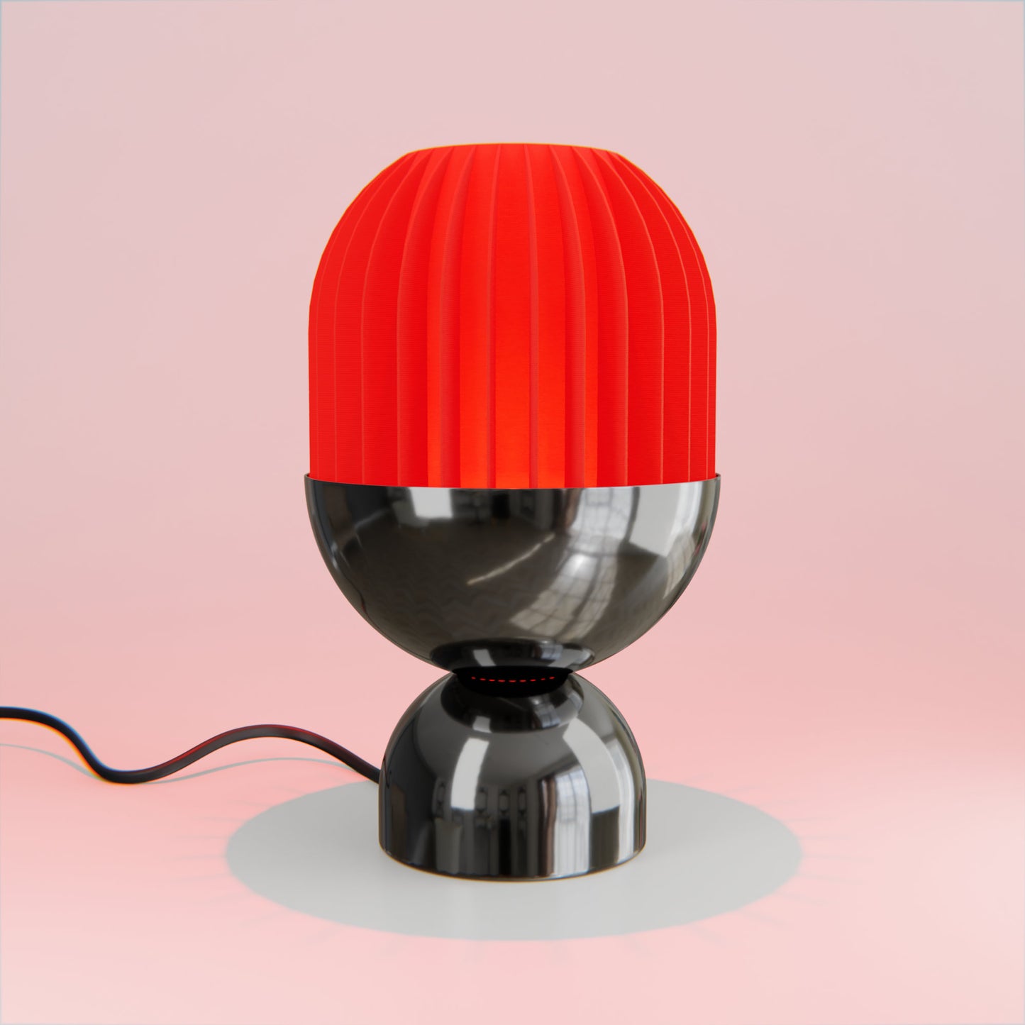 a red and black lamp on a pink background