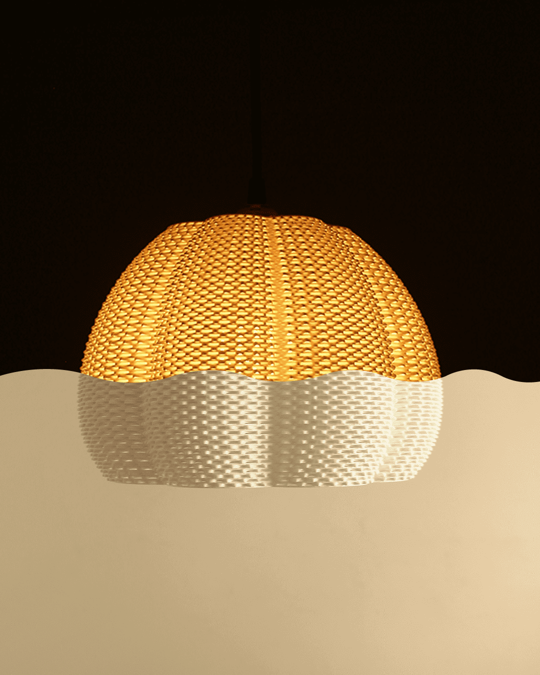 a yellow and white light hanging from a ceiling