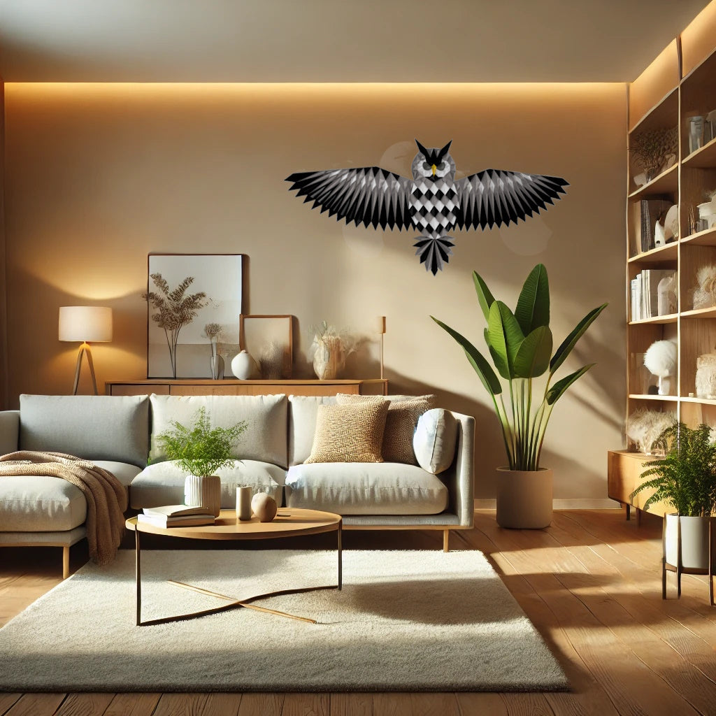 a living room filled with furniture and a large bird sculpture