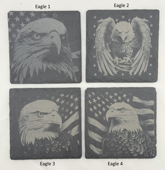 four coasters with eagle images on them