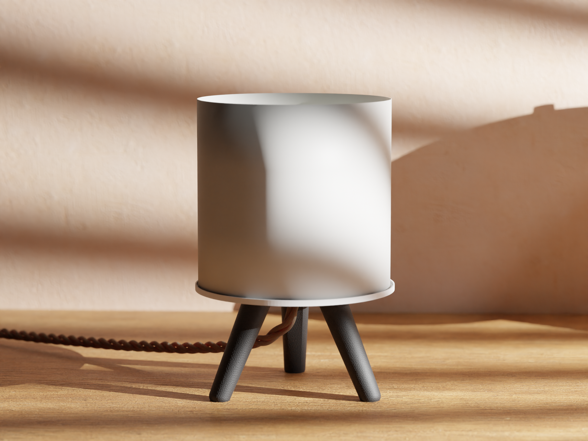 a white lamp sitting on top of a wooden table
