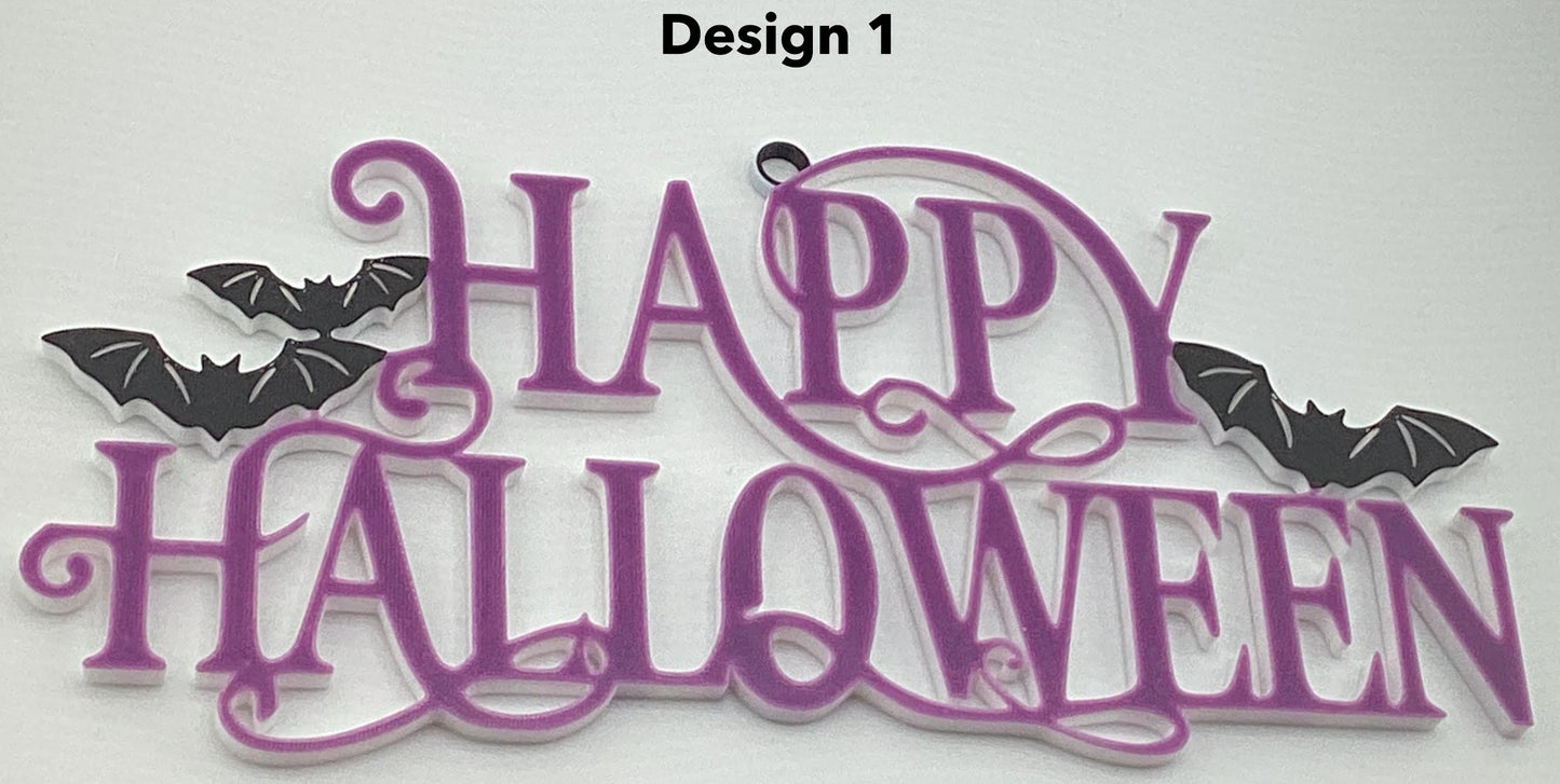 a sign that says happy halloween with bats