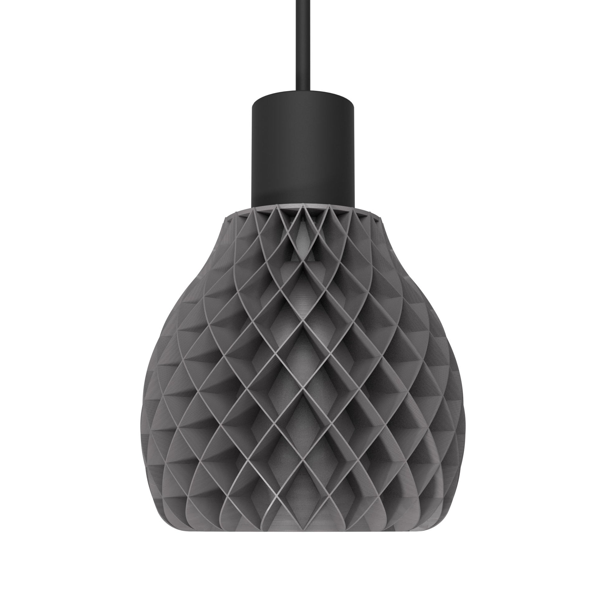 a gray light bulb hanging from a ceiling