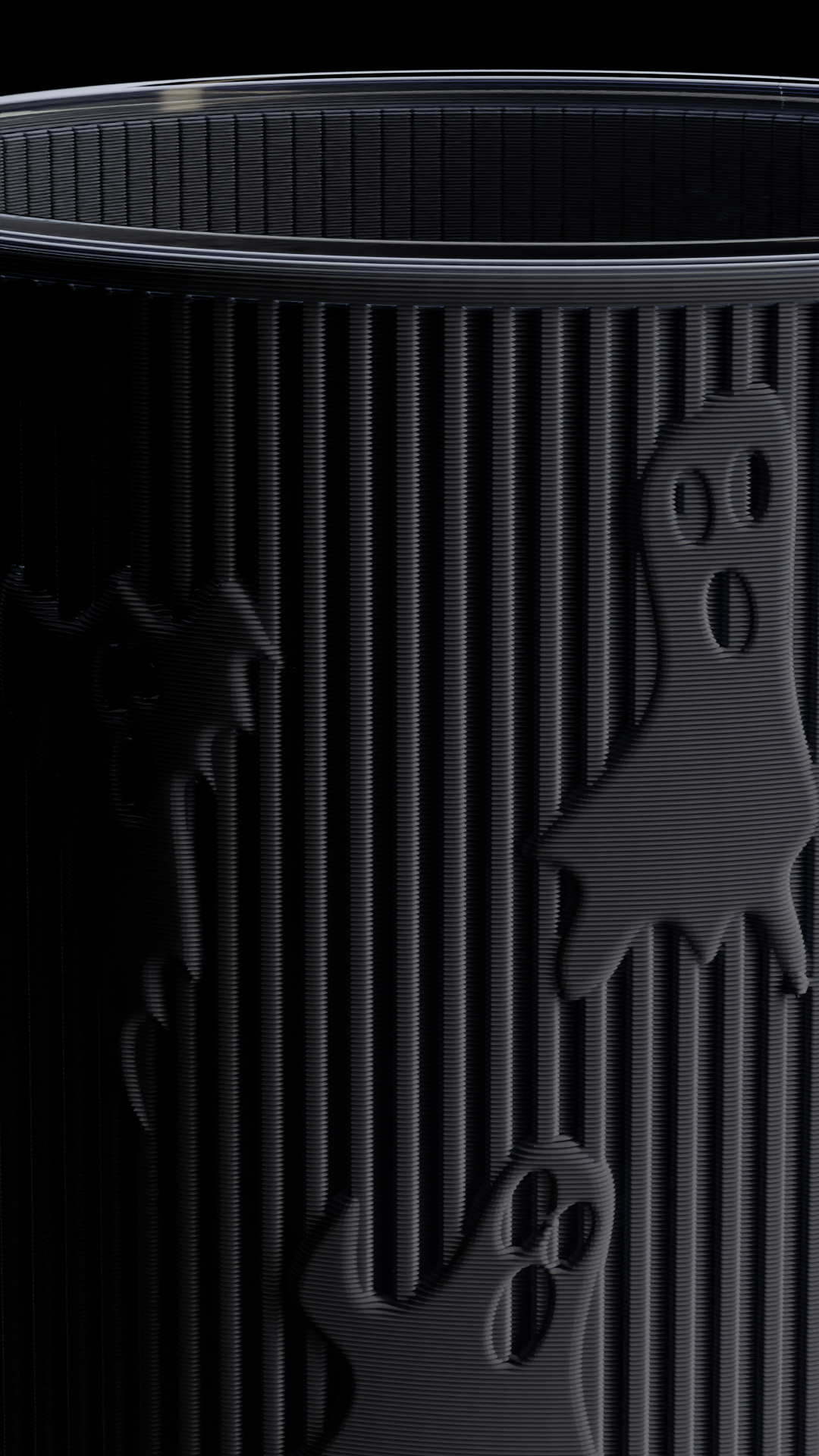 a black trash can with a ghost and a ghost on it