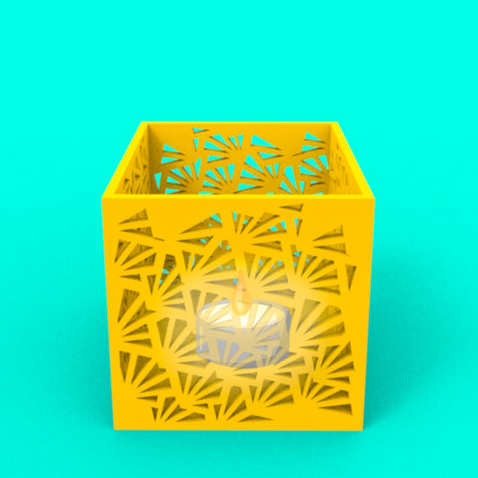 a yellow candle holder on a blue background