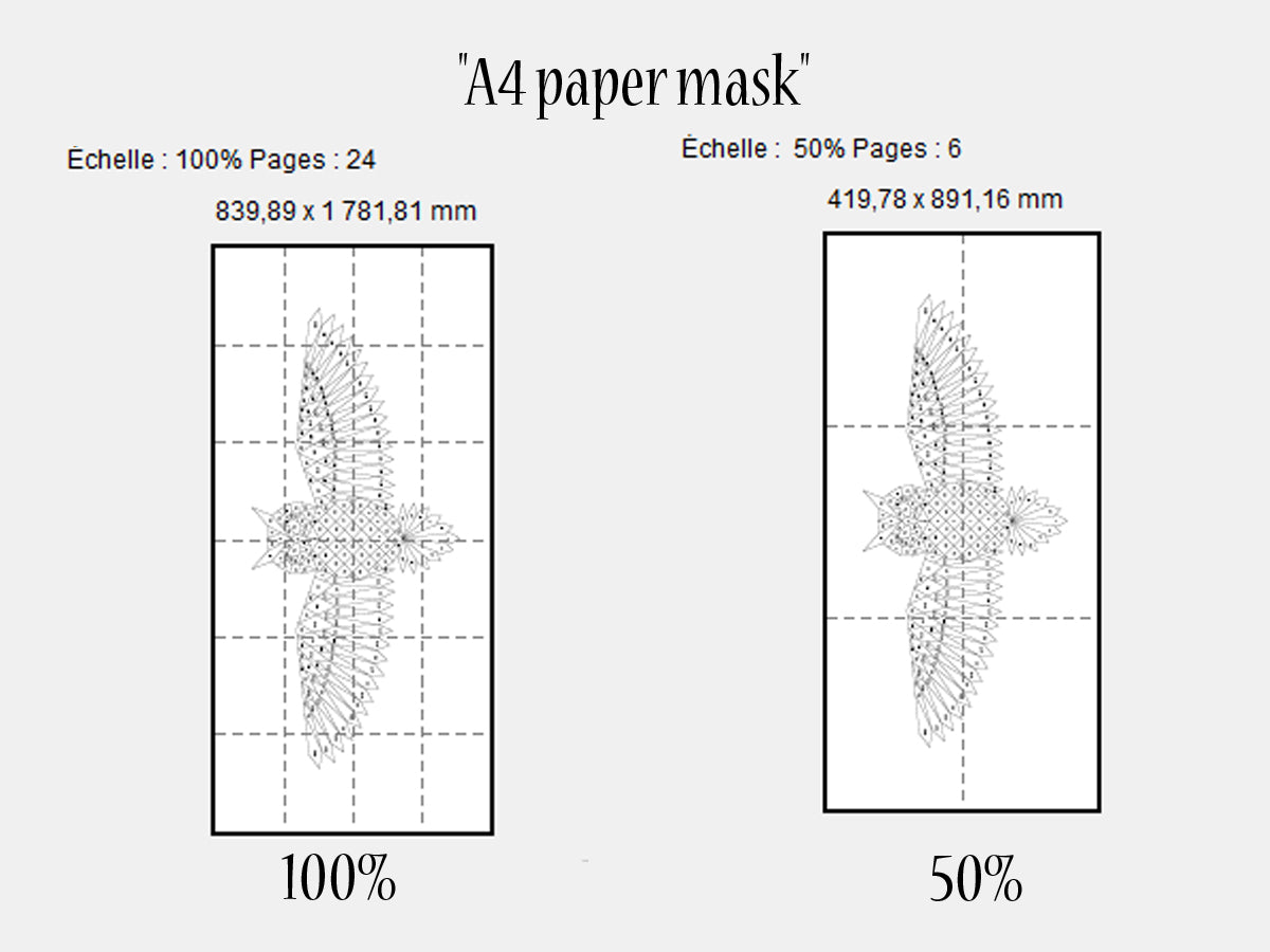 a paper mask is shown with a line drawing of a bird