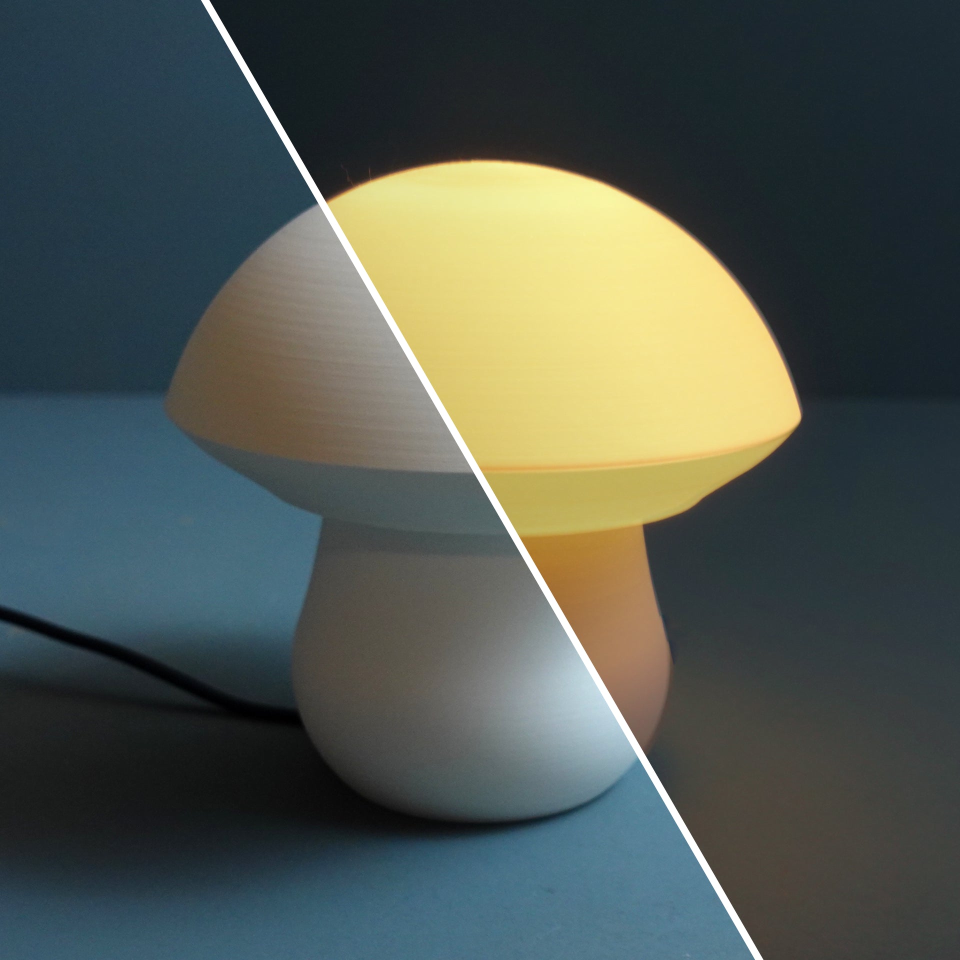 a white mushroom lamp sitting on top of a table