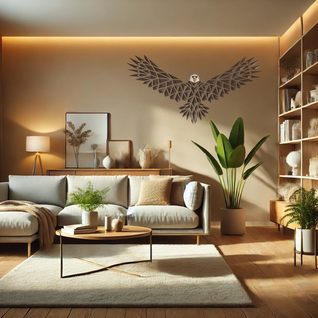a living room filled with furniture and a large bird sculpture