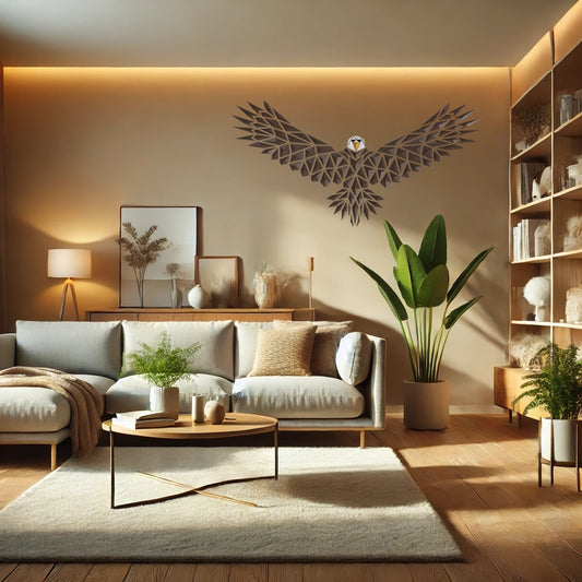 a living room filled with furniture and a large bird sculpture