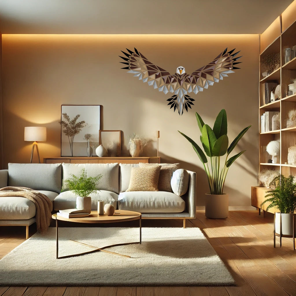 a living room filled with furniture and a bird sculpture
