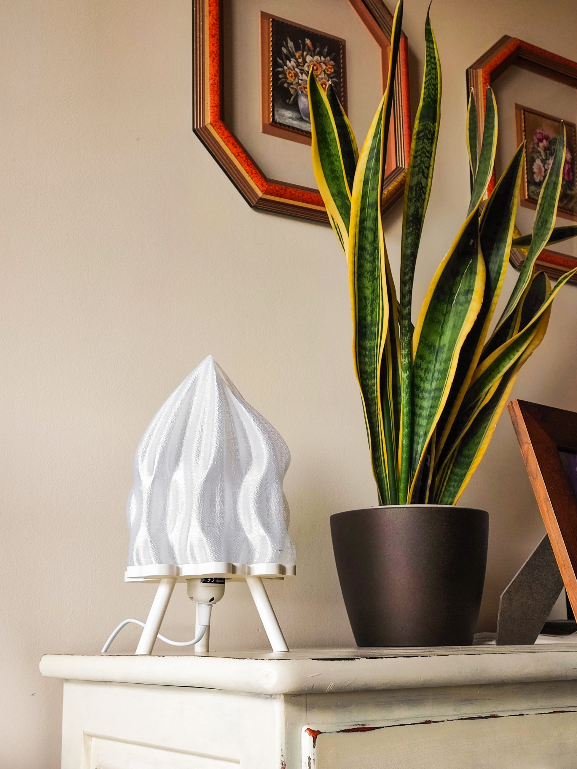 a potted plant sitting on top of a white dresser