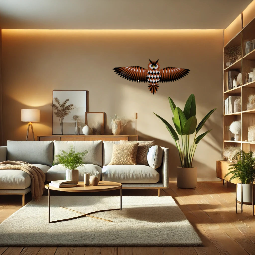 a living room filled with furniture and a large bird sculpture